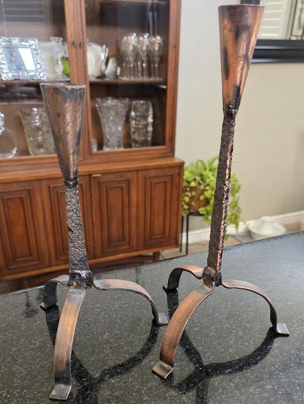 Hand-Forged Rustic Iron Candle Holders in Copper Tone - Set of 2